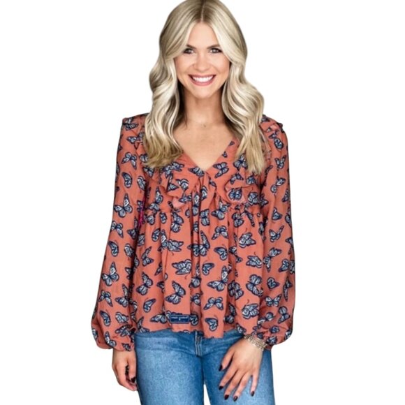 Simply Southern Collection Butterfly Ruffle V-neck Long Sleeve Blouse Top M - Picture 1 of 9